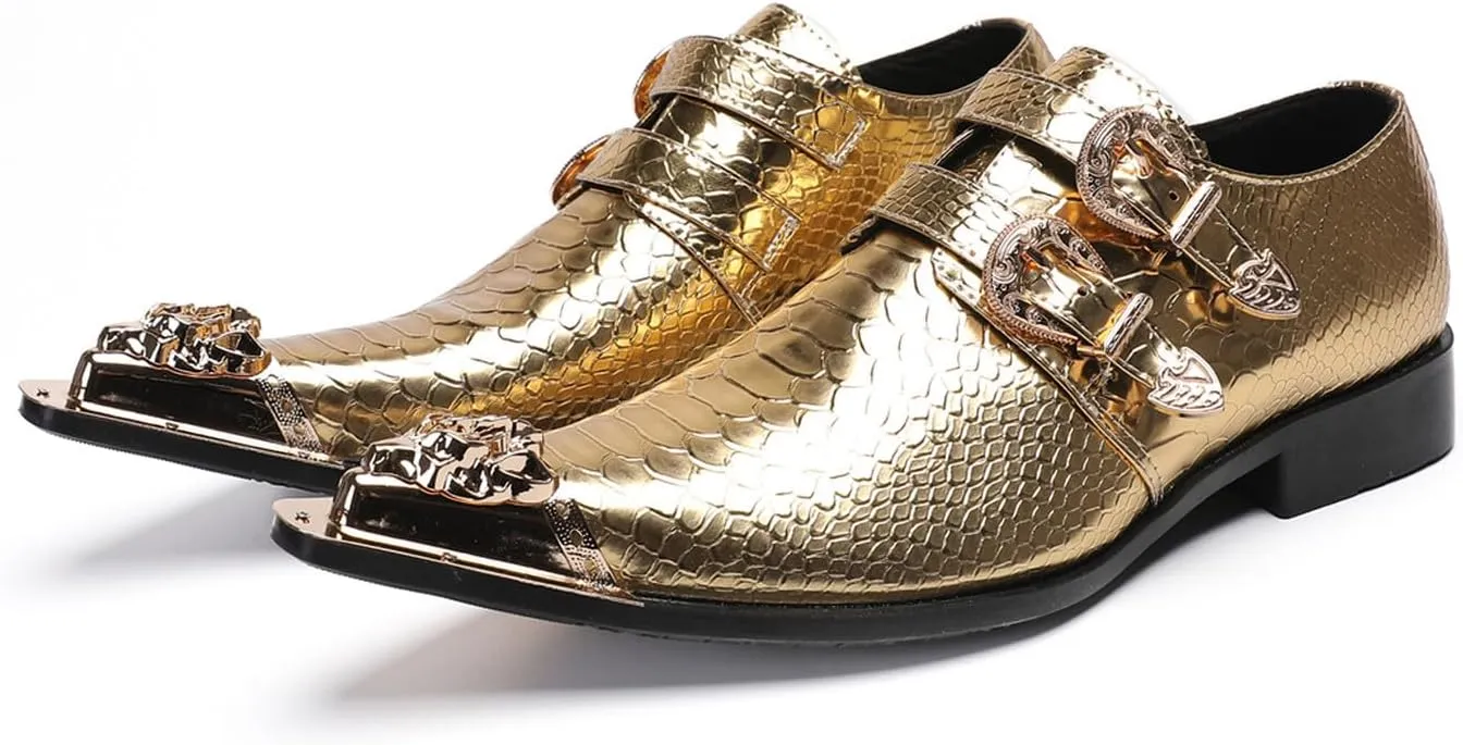 Men's Luxury Patent Leather Dress Shoes - Snakeskin Texture Metal Pointed Toe Metallic Monk Strap Loafers Formal Shoes with Buckle Accent for Wedding Party Bar Singer