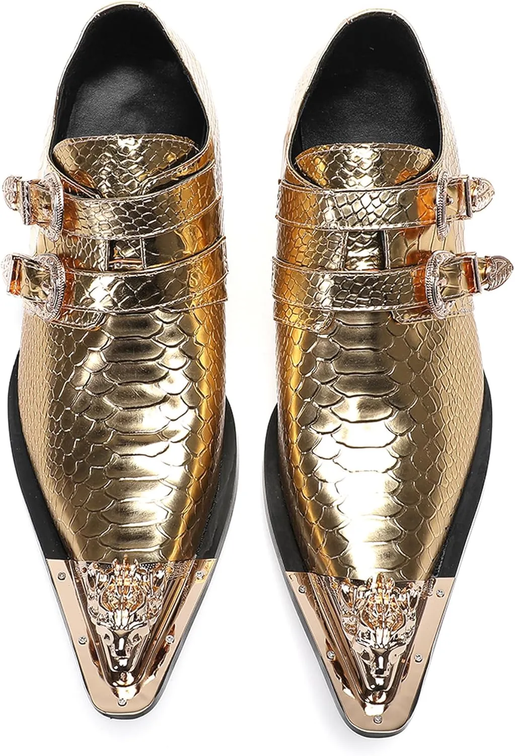Men's Luxury Patent Leather Dress Shoes - Snakeskin Texture Metal Pointed Toe Metallic Monk Strap Loafers Formal Shoes with Buckle Accent for Wedding Party Bar Singer