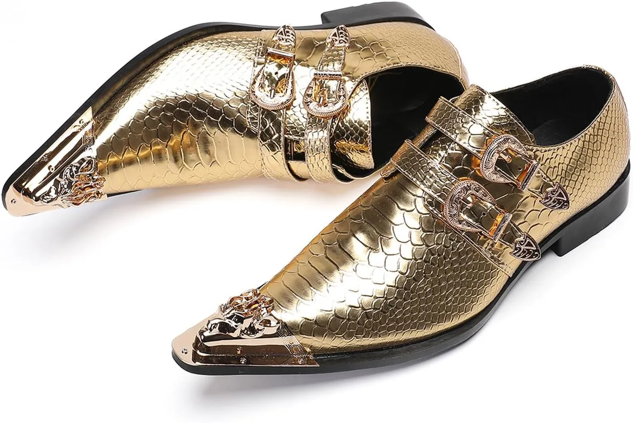 Men's Luxury Patent Leather Dress Shoes - Snakeskin Texture Metal Pointed Toe Metallic Monk Strap Loafers Formal Shoes with Buckle Accent for Wedding Party Bar Singer