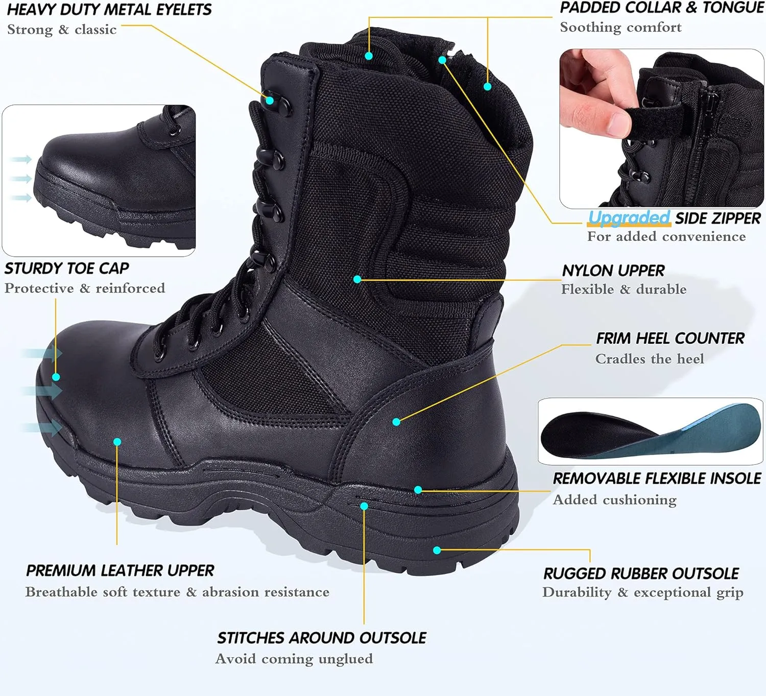 Men's Military Tactical Work Boots Side Zipper Jungle Army Combat Boots