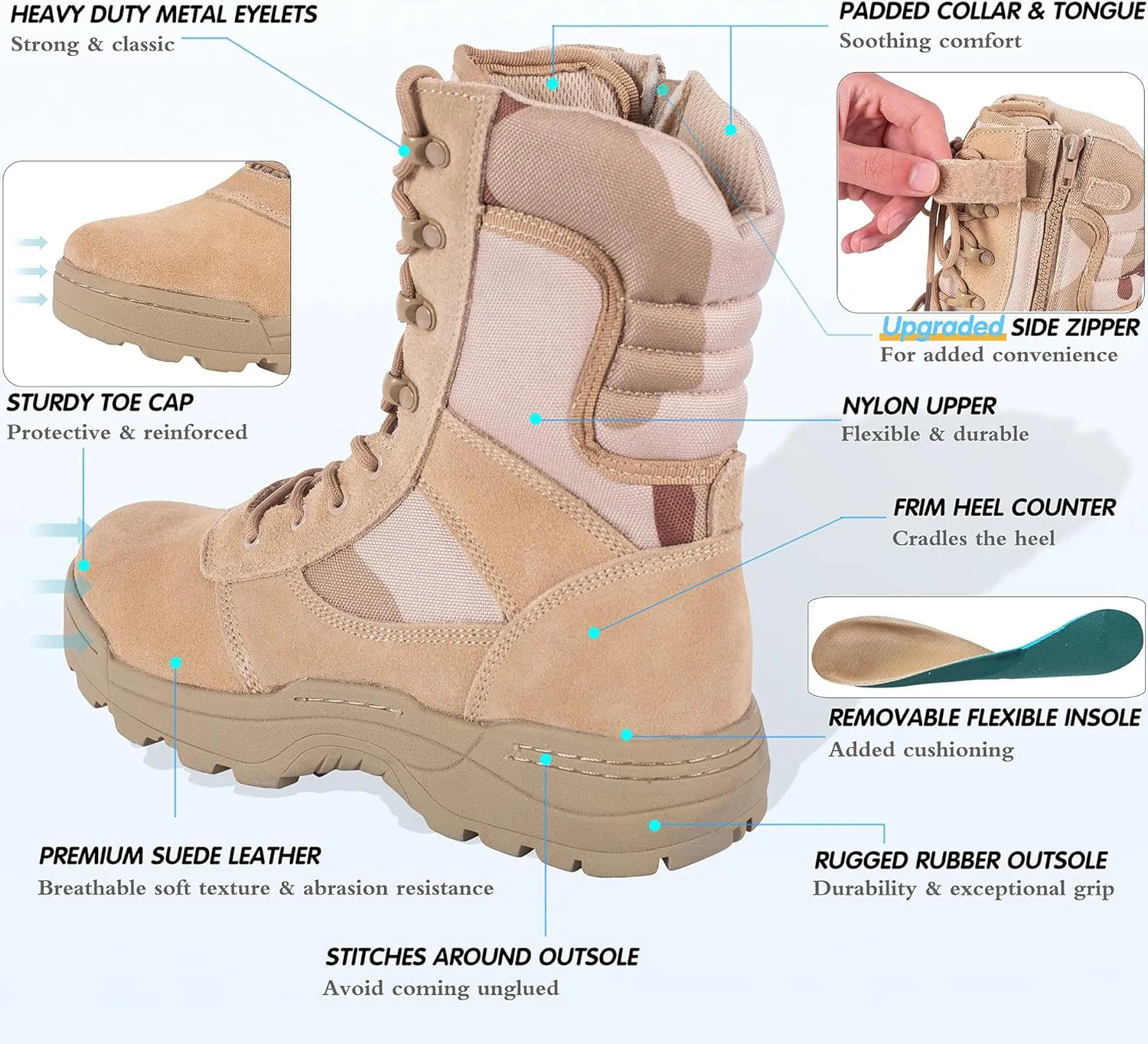 Men's Military Tactical Work Boots Side Zipper Jungle Army Combat Boots