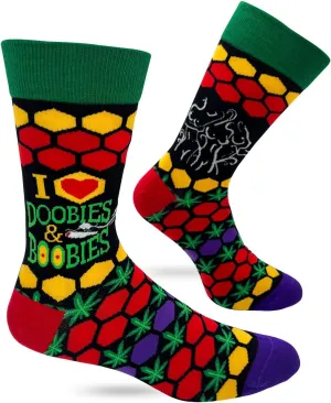 Men's Novelty Crew Socks with Funny Saying, I Love Doobies & Boobies, One Size
