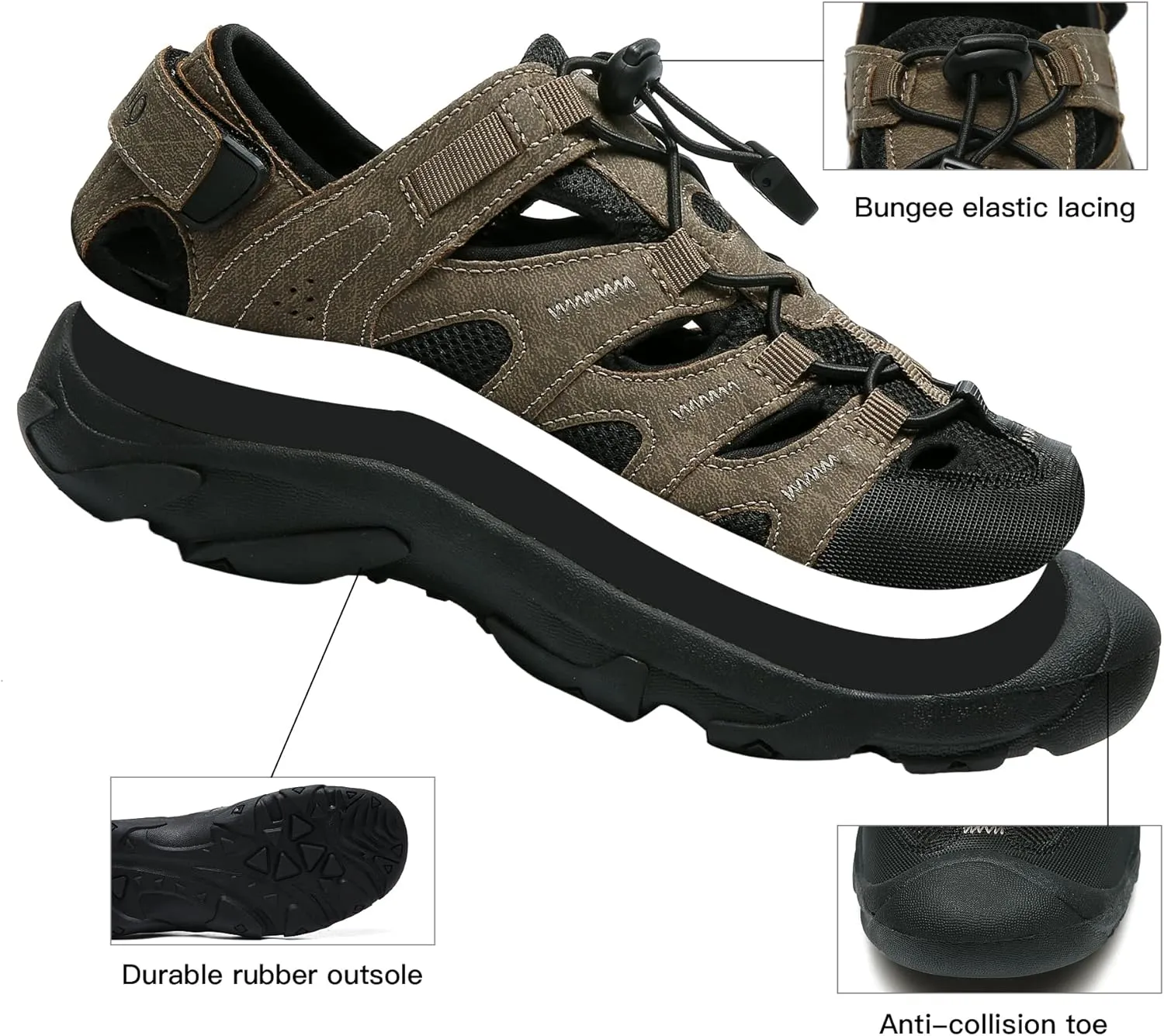 Men's Outdoor Hiking Sandals, High-Performance Sport Closed Toe Adventurous Sandals Anti-Slip Athletic Trail Walking Sandals for Travel Water Beach Boat Fishing Adventure Mountaineering