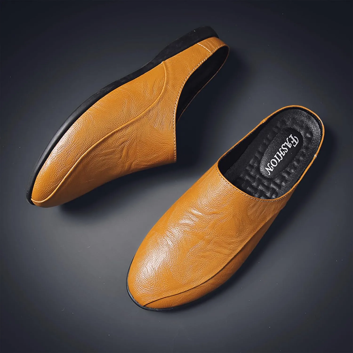 Men's Patchwork Leather Slip-On Backless Loafers Comfortable Round Toe Non-Slip Flat Heel Mule Slingback Breathable Casual Clog Slippers