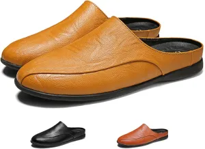 Men's Patchwork Leather Slip-On Backless Loafers Comfortable Round Toe Non-Slip Flat Heel Mule Slingback Breathable Casual Clog Slippers