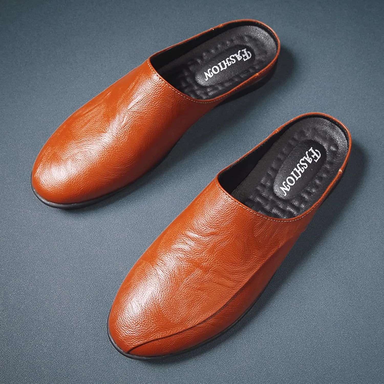 Men's Patchwork Leather Slip-On Backless Loafers Comfortable Round Toe Non-Slip Flat Heel Mule Slingback Breathable Casual Clog Slippers