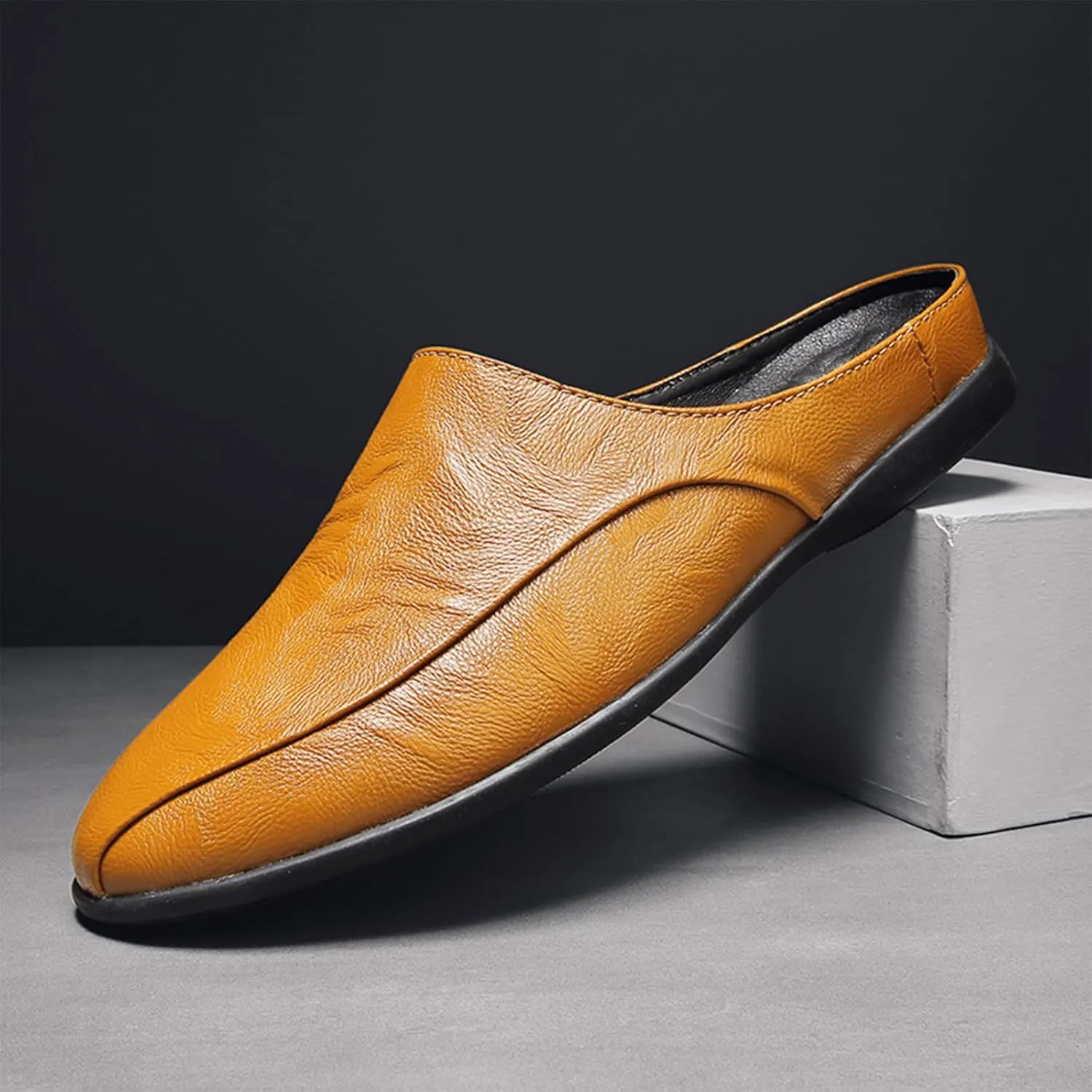 Men's Patchwork Leather Slip-On Backless Loafers Comfortable Round Toe Non-Slip Flat Heel Mule Slingback Breathable Casual Clog Slippers