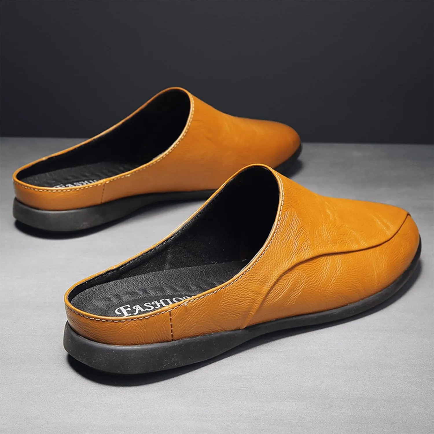 Men's Patchwork Leather Slip-On Backless Loafers Comfortable Round Toe Non-Slip Flat Heel Mule Slingback Breathable Casual Clog Slippers