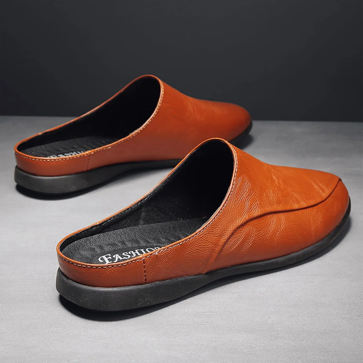 Men's Patchwork Leather Slip-On Backless Loafers Comfortable Round Toe Non-Slip Flat Heel Mule Slingback Breathable Casual Clog Slippers