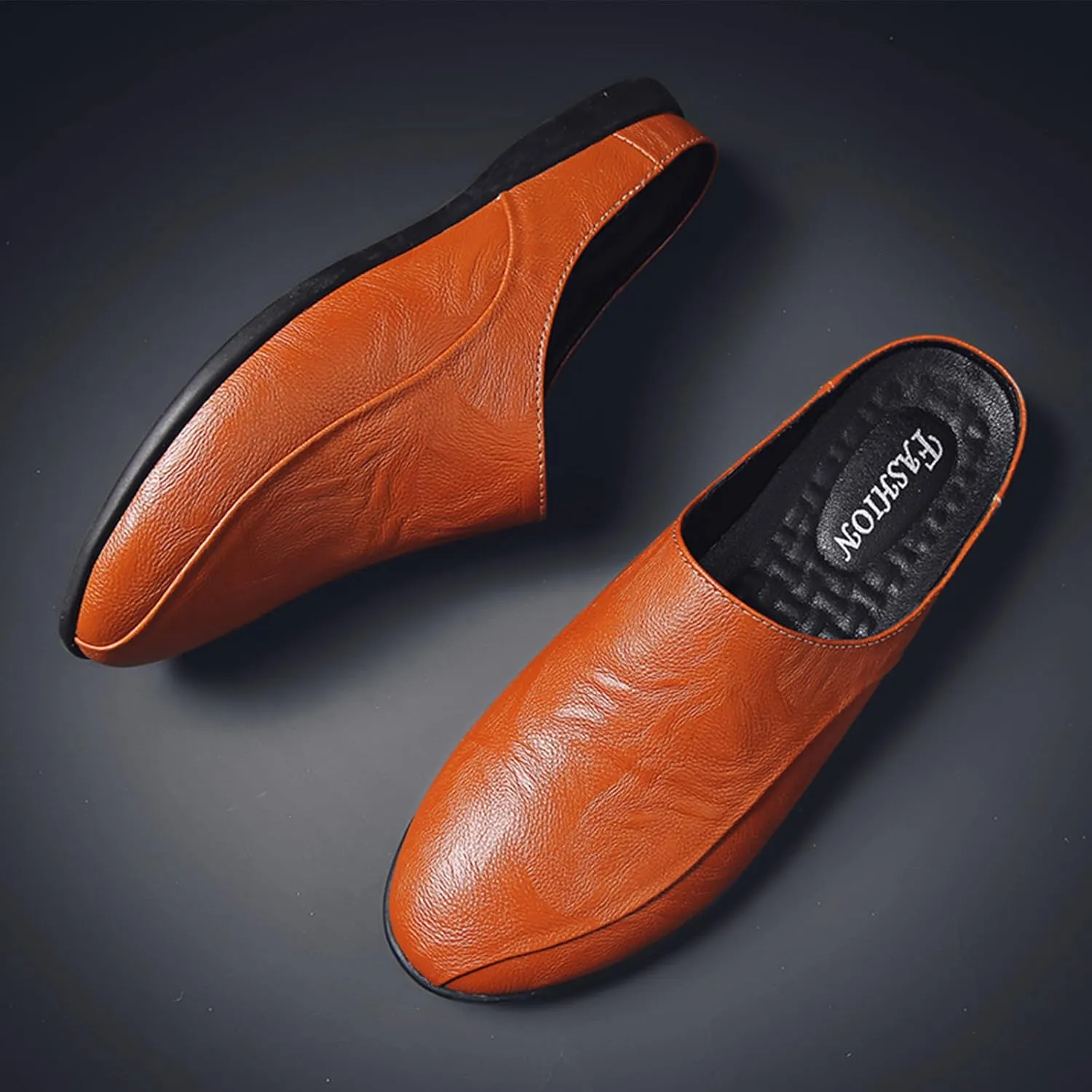 Men's Patchwork Leather Slip-On Backless Loafers Comfortable Round Toe Non-Slip Flat Heel Mule Slingback Breathable Casual Clog Slippers