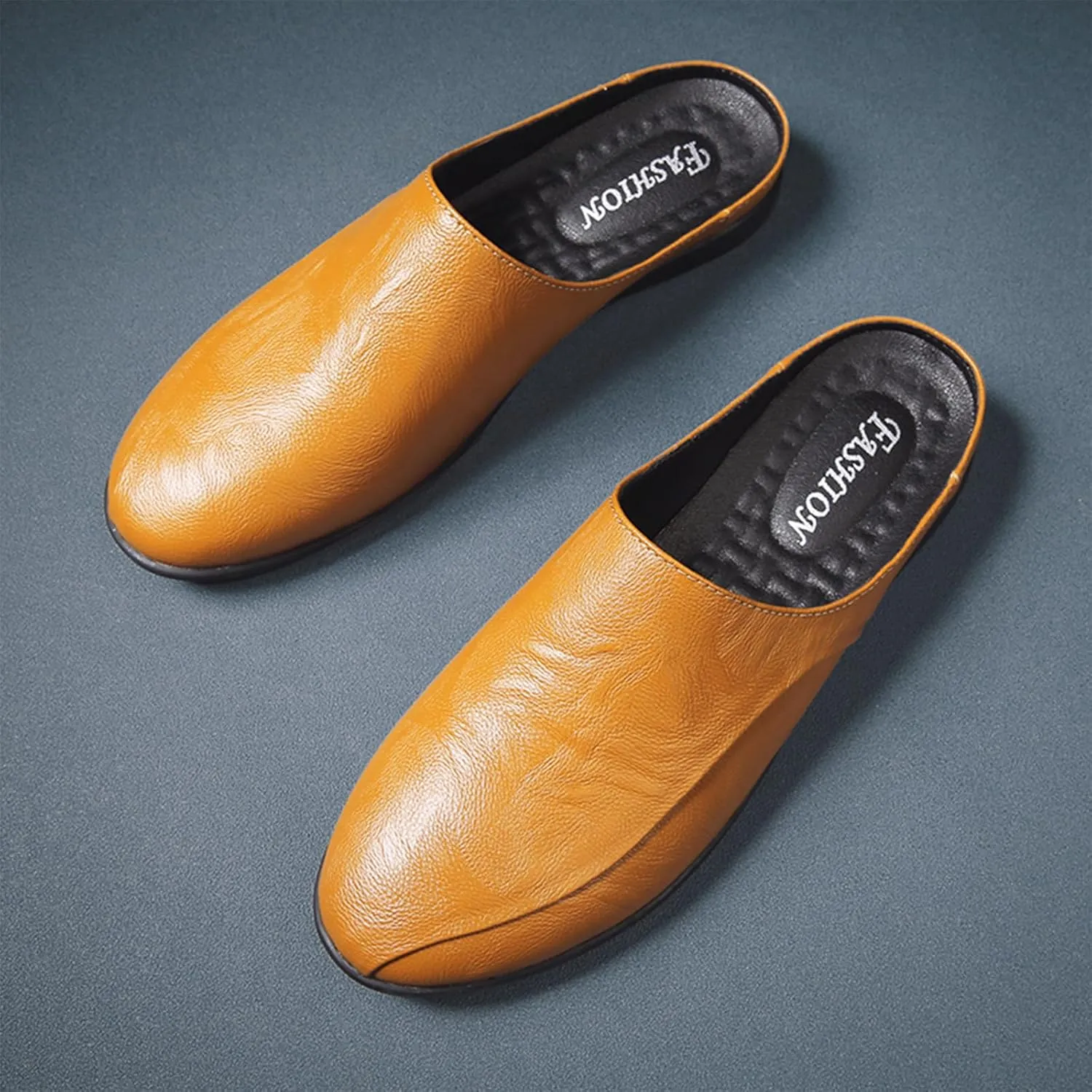 Men's Patchwork Leather Slip-On Backless Loafers Comfortable Round Toe Non-Slip Flat Heel Mule Slingback Breathable Casual Clog Slippers