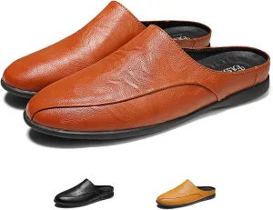 Men's Patchwork Leather Slip-On Backless Loafers Comfortable Round Toe Non-Slip Flat Heel Mule Slingback Breathable Casual Clog Slippers