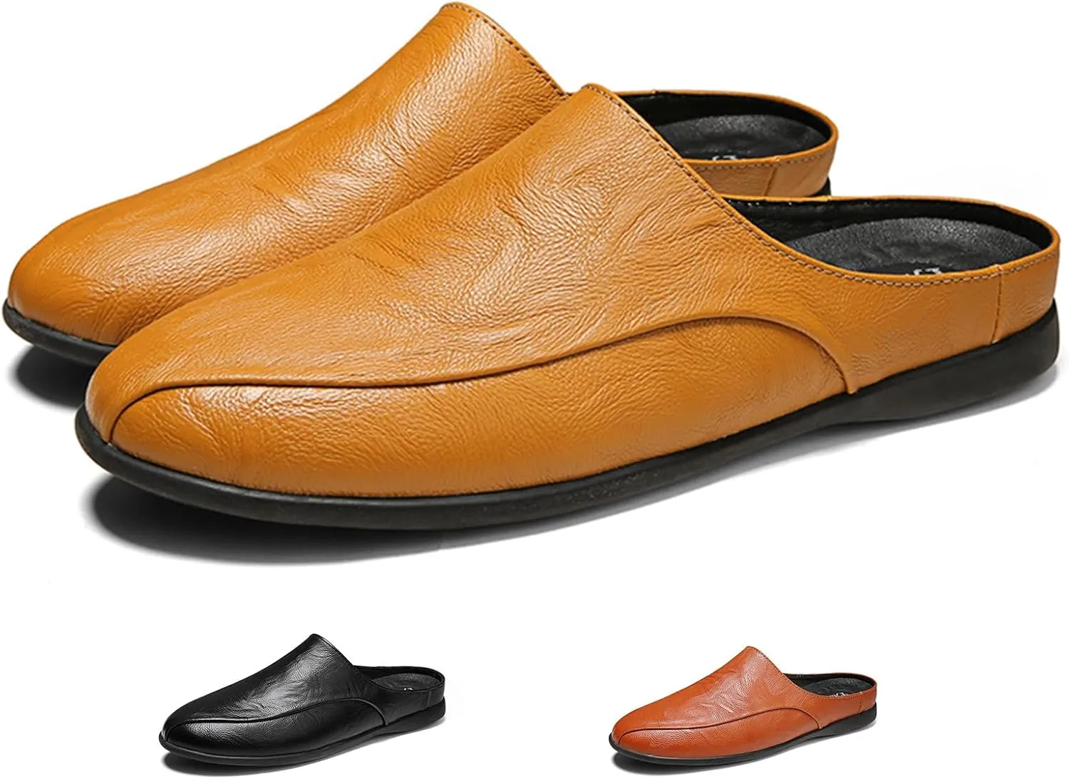Men's Patchwork Leather Slip-On Backless Loafers Comfortable Round Toe Non-Slip Flat Heel Mule Slingback Breathable Casual Clog Slippers