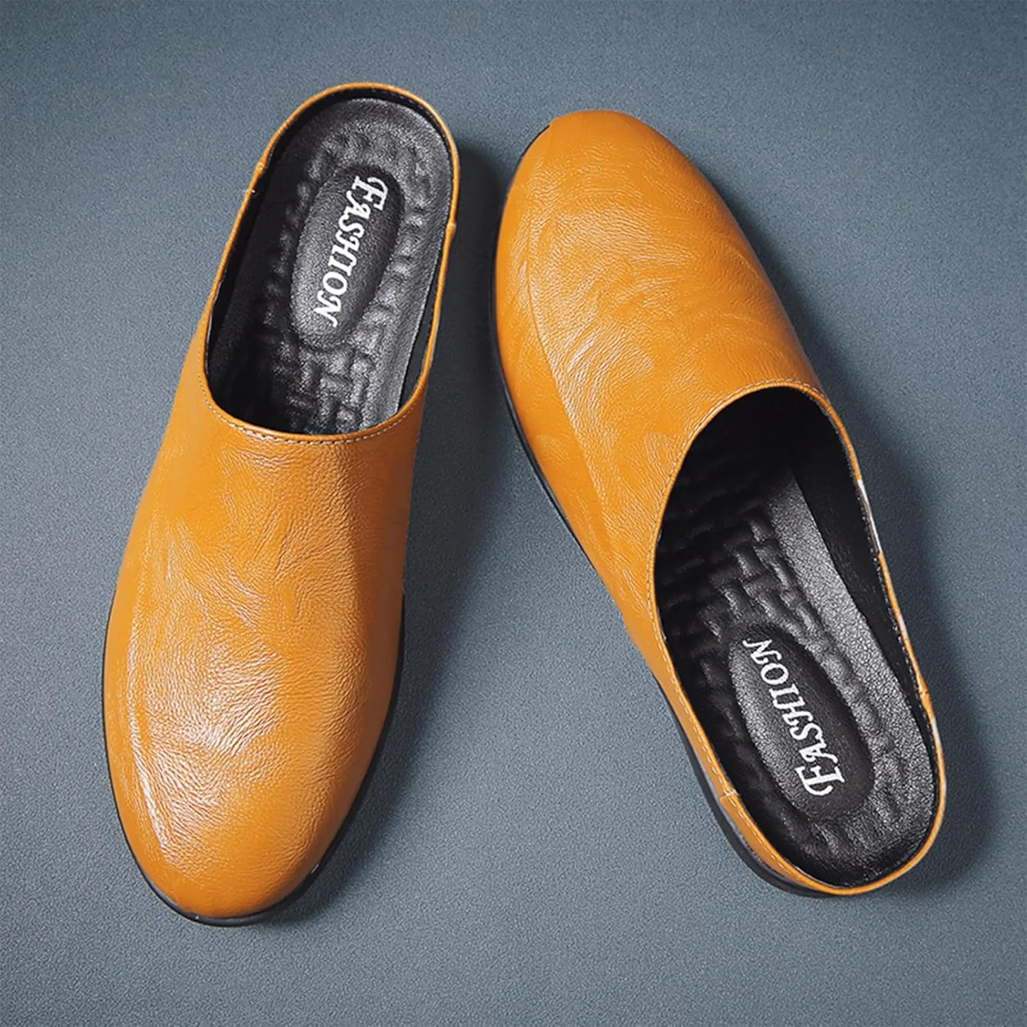 Men's Patchwork Leather Slip-On Backless Loafers Comfortable Round Toe Non-Slip Flat Heel Mule Slingback Breathable Casual Clog Slippers