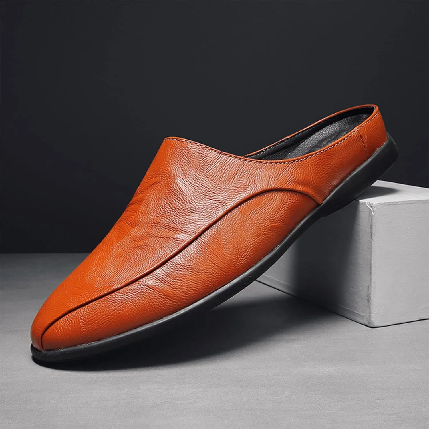 Men's Patchwork Leather Slip-On Backless Loafers Comfortable Round Toe Non-Slip Flat Heel Mule Slingback Breathable Casual Clog Slippers