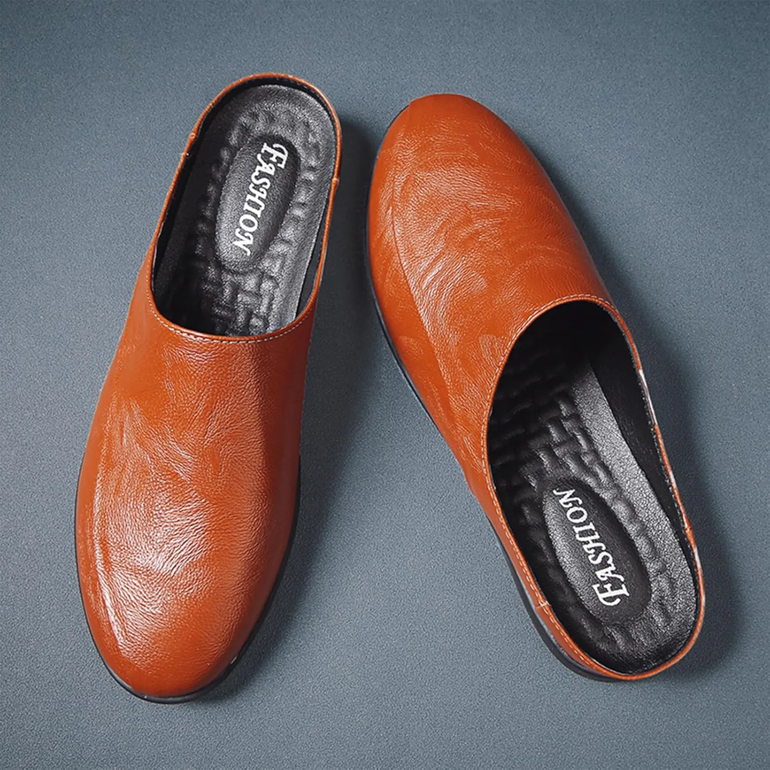 Men's Patchwork Leather Slip-On Backless Loafers Comfortable Round Toe Non-Slip Flat Heel Mule Slingback Breathable Casual Clog Slippers