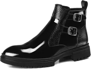 Men's Patent Leather Chelsea Ankle Boots with Zipper and Buckle Fashion Round Toe Lug Sole High Top Motorcycle Combat Boots Comfortable Casual Business Chukka Boots