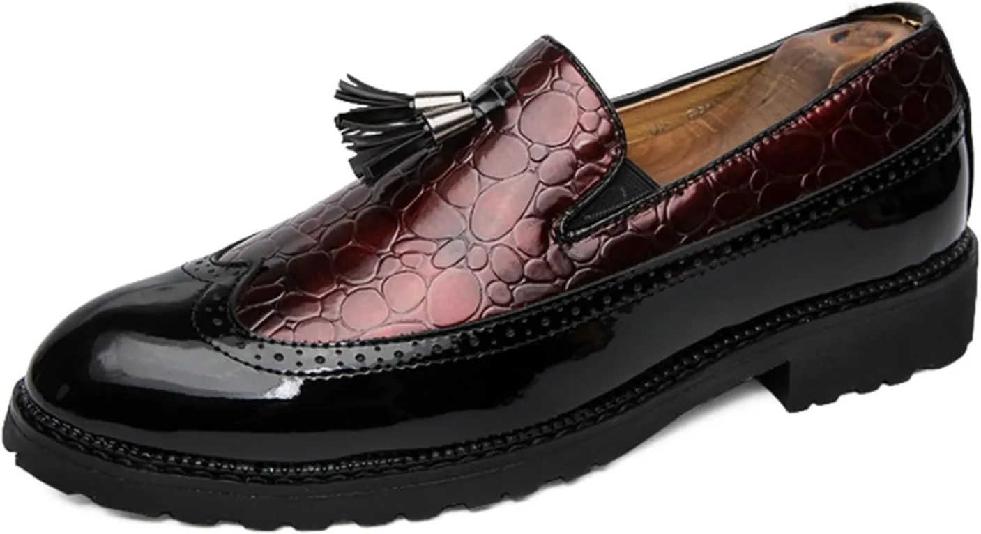 Men's Patent Leather Crocodile Pattern Tassels Slip On Loafers FashionRetro Wingtip Low Top Smoking Shoes for Business Wedding Party Formal