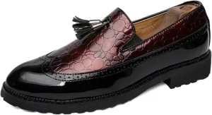 Men's Patent Leather Crocodile Pattern Tassels Slip On Loafers FashionRetro Wingtip Low Top Smoking Shoes for Business Wedding Party Formal
