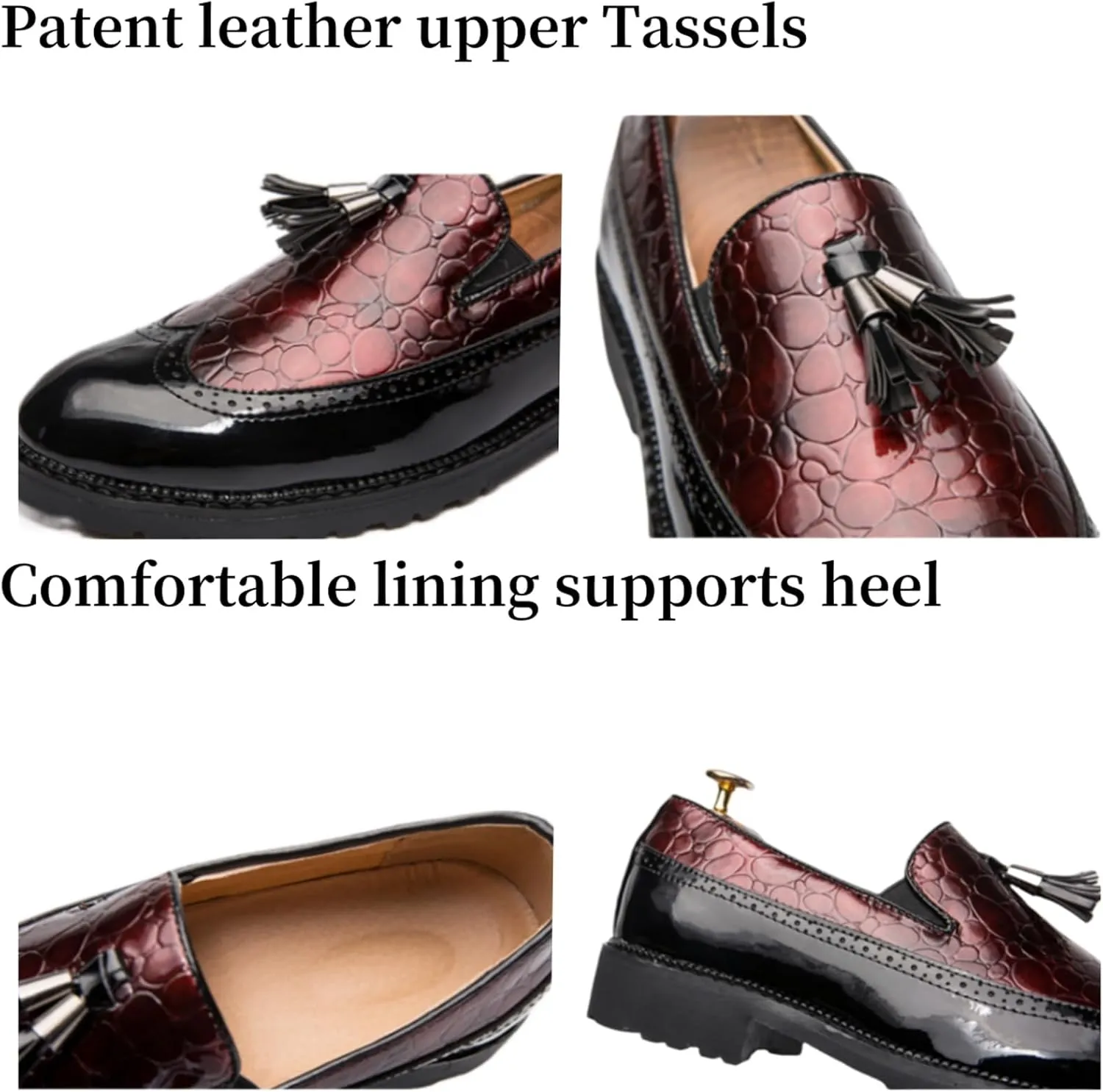 Men's Patent Leather Crocodile Pattern Tassels Slip On Loafers FashionRetro Wingtip Low Top Smoking Shoes for Business Wedding Party Formal