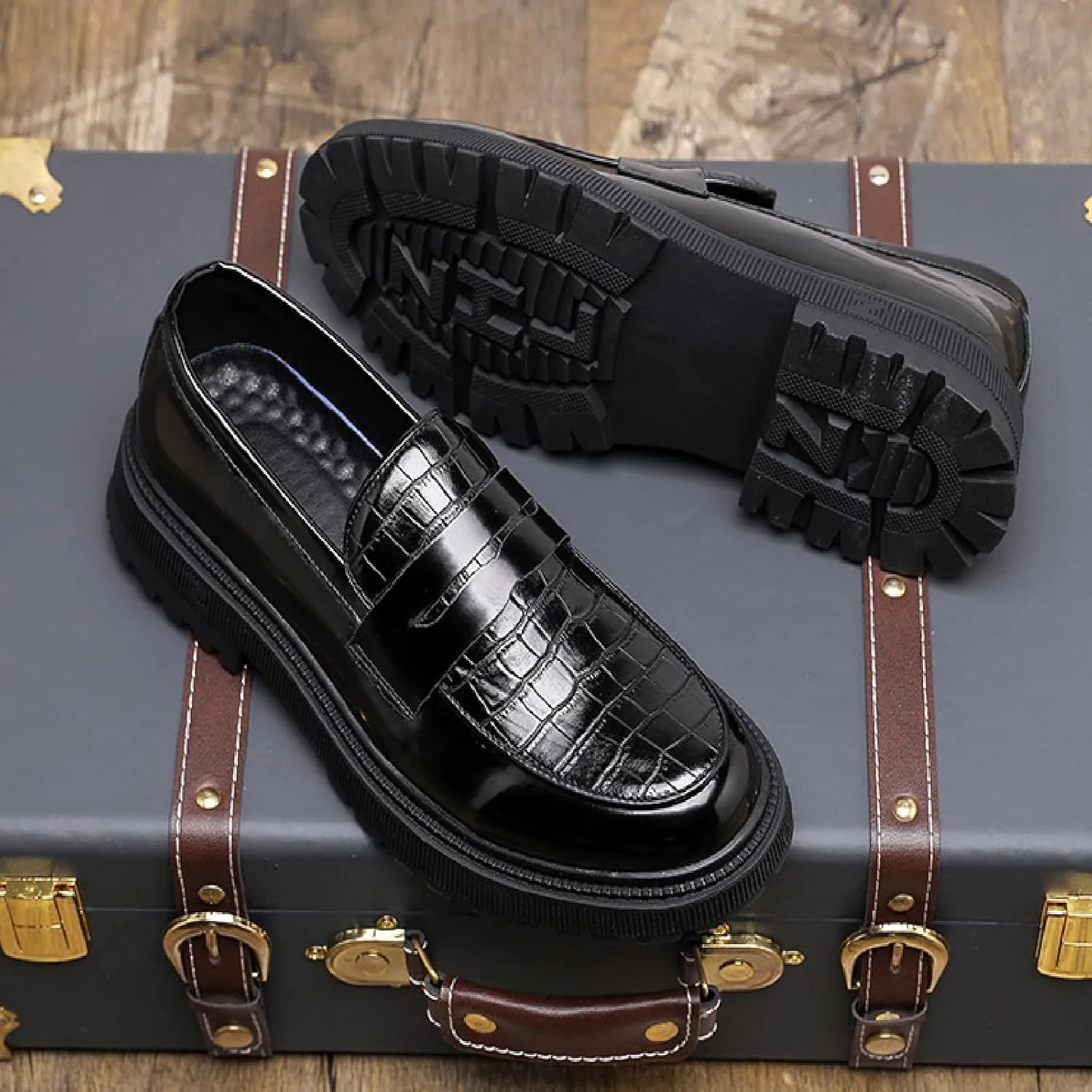 Mens Patent Leather Dress Penny Loafers Comfort Plaid Round Toe Slip On Platform Smoking Mocasines Formal Business Prom Shoes