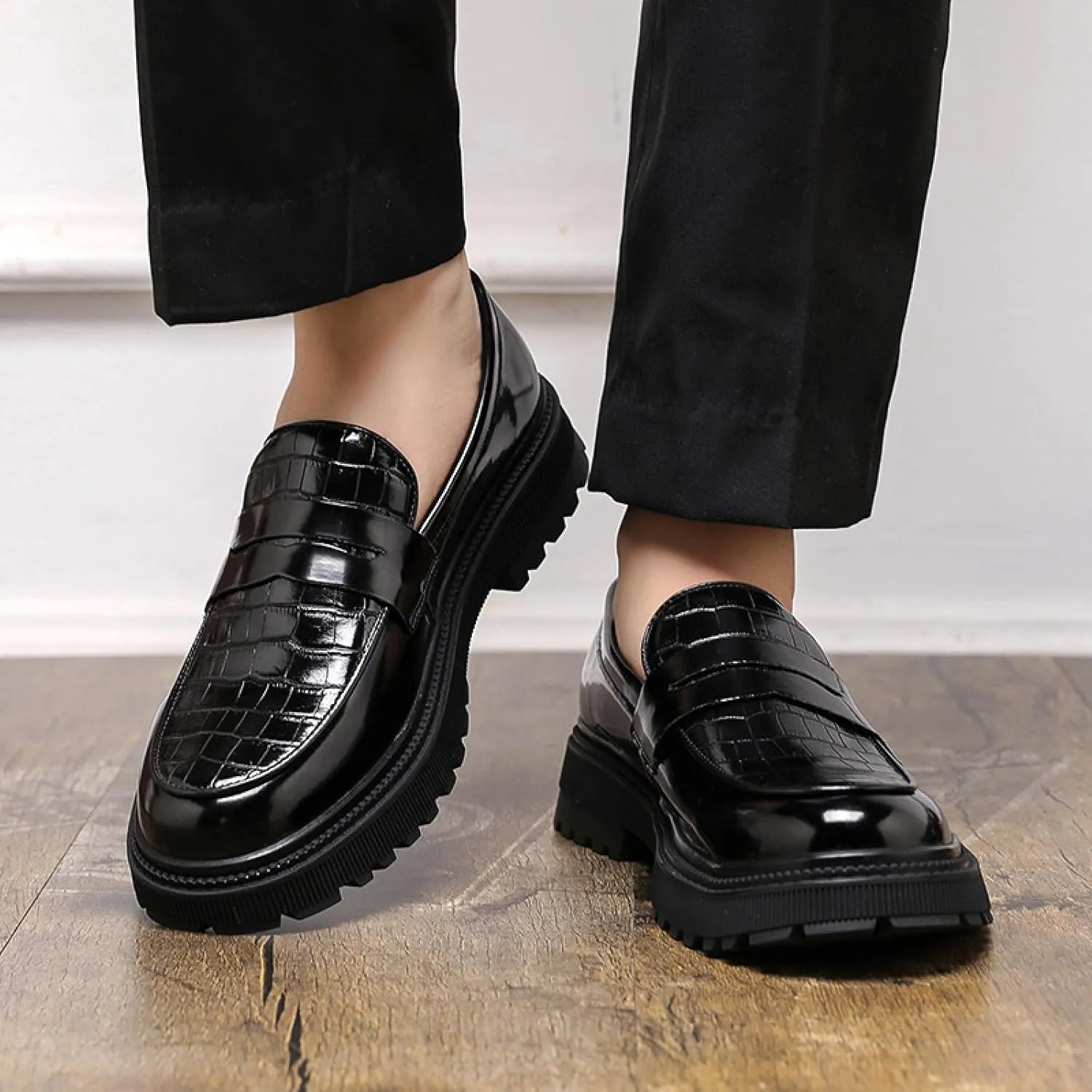 Mens Patent Leather Dress Penny Loafers Comfort Plaid Round Toe Slip On Platform Smoking Mocasines Formal Business Prom Shoes