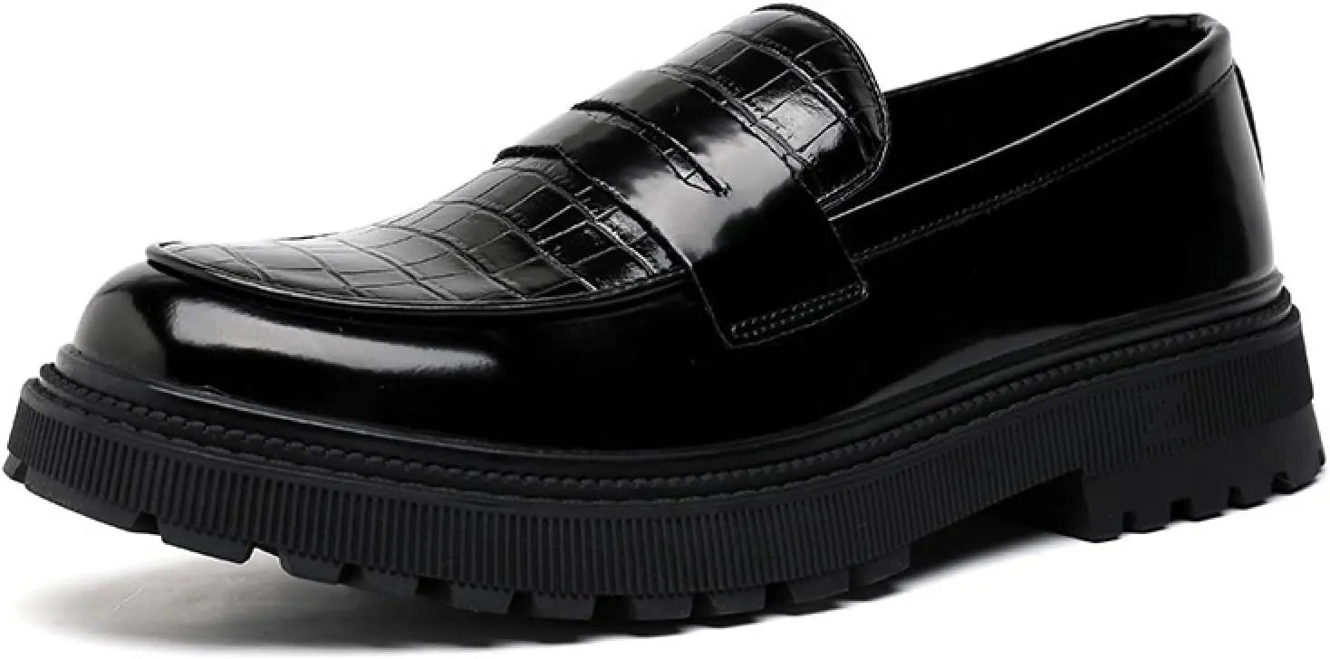 Mens Patent Leather Dress Penny Loafers Comfort Plaid Round Toe Slip On Platform Smoking Mocasines Formal Business Prom Shoes