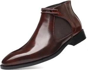 Men's Patent Leather Lace-up Chelsea Boots,Fashion Slip-on Classic Business Dress Boots,Waterproof Low Heel Casual Ankle Booties