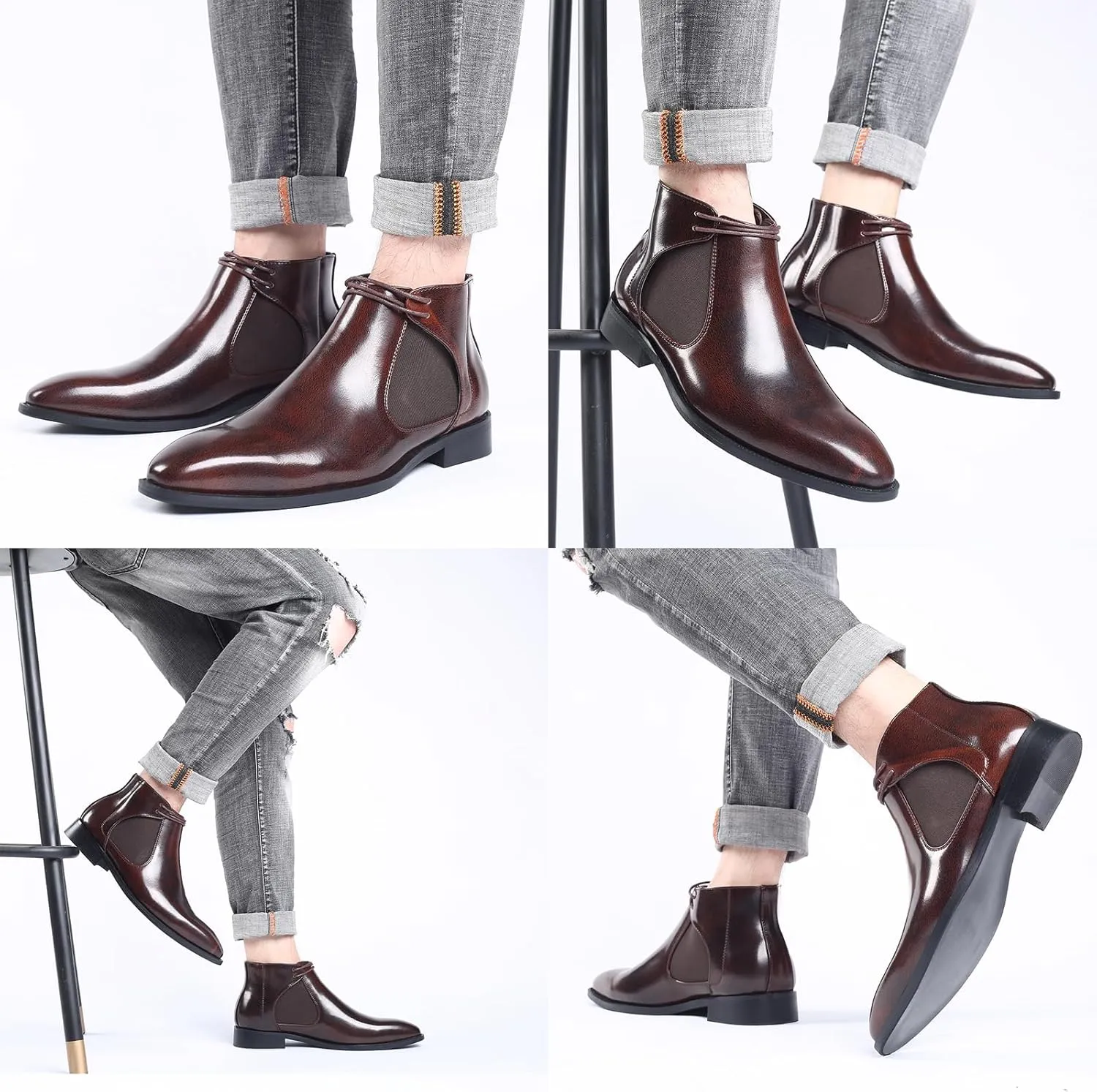 Men's Patent Leather Lace-up Chelsea Boots,Fashion Slip-on Classic Business Dress Boots,Waterproof Low Heel Casual Ankle Booties