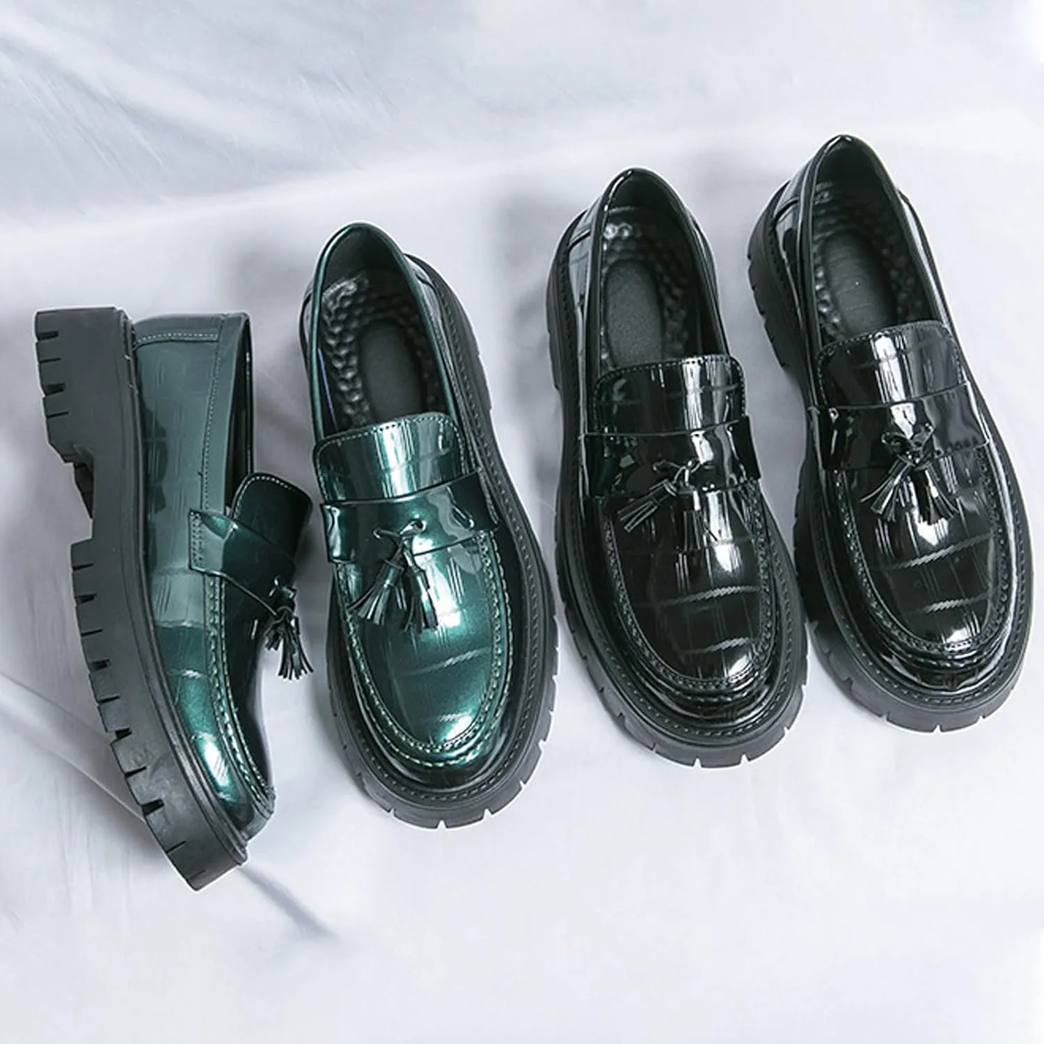 Men's Patent Leather Platform Slip-on Loafers,Fashion Round Toe Metal Decoration Non-Slip Thick Sole Business Dress Shoes Causal Party Wedding Prom Shoes