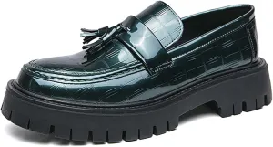 Men's Patent Leather Platform Slip-on Loafers,Fashion Round Toe Metal Decoration Non-Slip Thick Sole Business Dress Shoes Causal Party Wedding Prom Shoes