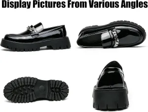 Men's Patent Leather Platform Slip-on Loafers,Fashion Round Toe Metal Decoration Non-Slip Thick Sole Business Dress Shoes Causal Party Wedding Prom Shoes