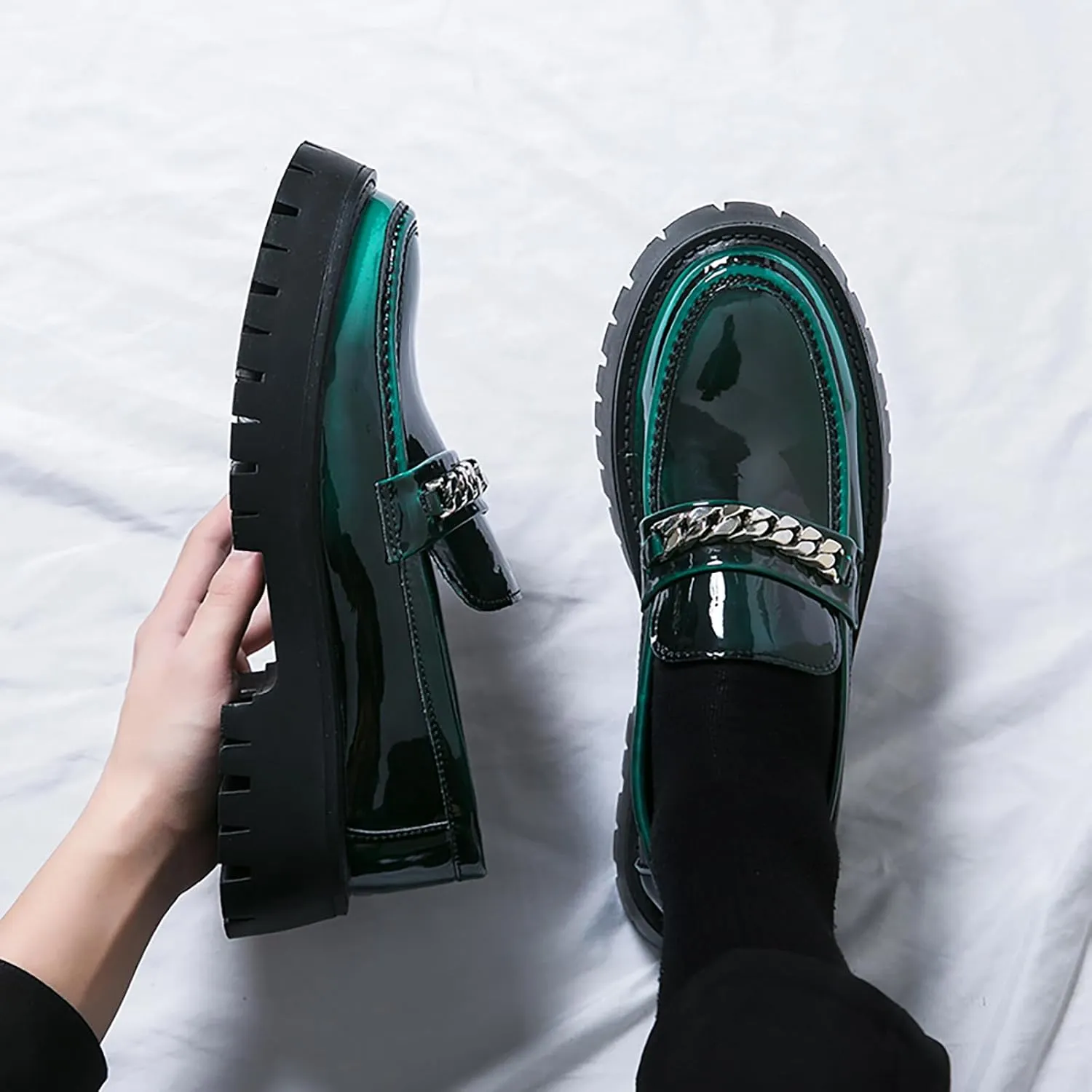 Men's Patent Leather Platform Slip-on Loafers,Fashion Round Toe Metal Decoration Non-Slip Thick Sole Business Dress Shoes Causal Party Wedding Prom Shoes
