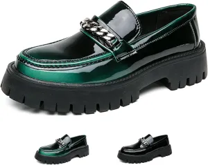 Men's Patent Leather Platform Slip-on Loafers,Fashion Round Toe Metal Decoration Non-Slip Thick Sole Business Dress Shoes Causal Party Wedding Prom Shoes