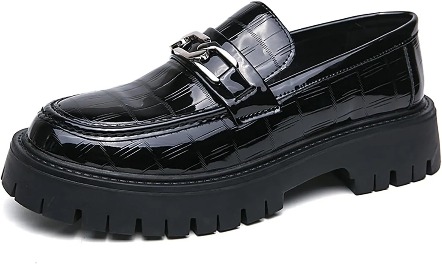 Men's Patent Leather Platform Slip-on Loafers,Fashion Round Toe Metal Decoration Non-Slip Thick Sole Business Dress Shoes Causal Party Wedding Prom Shoes