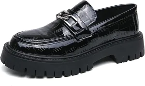 Men's Patent Leather Platform Slip-on Loafers,Fashion Round Toe Metal Decoration Non-Slip Thick Sole Business Dress Shoes Causal Party Wedding Prom Shoes
