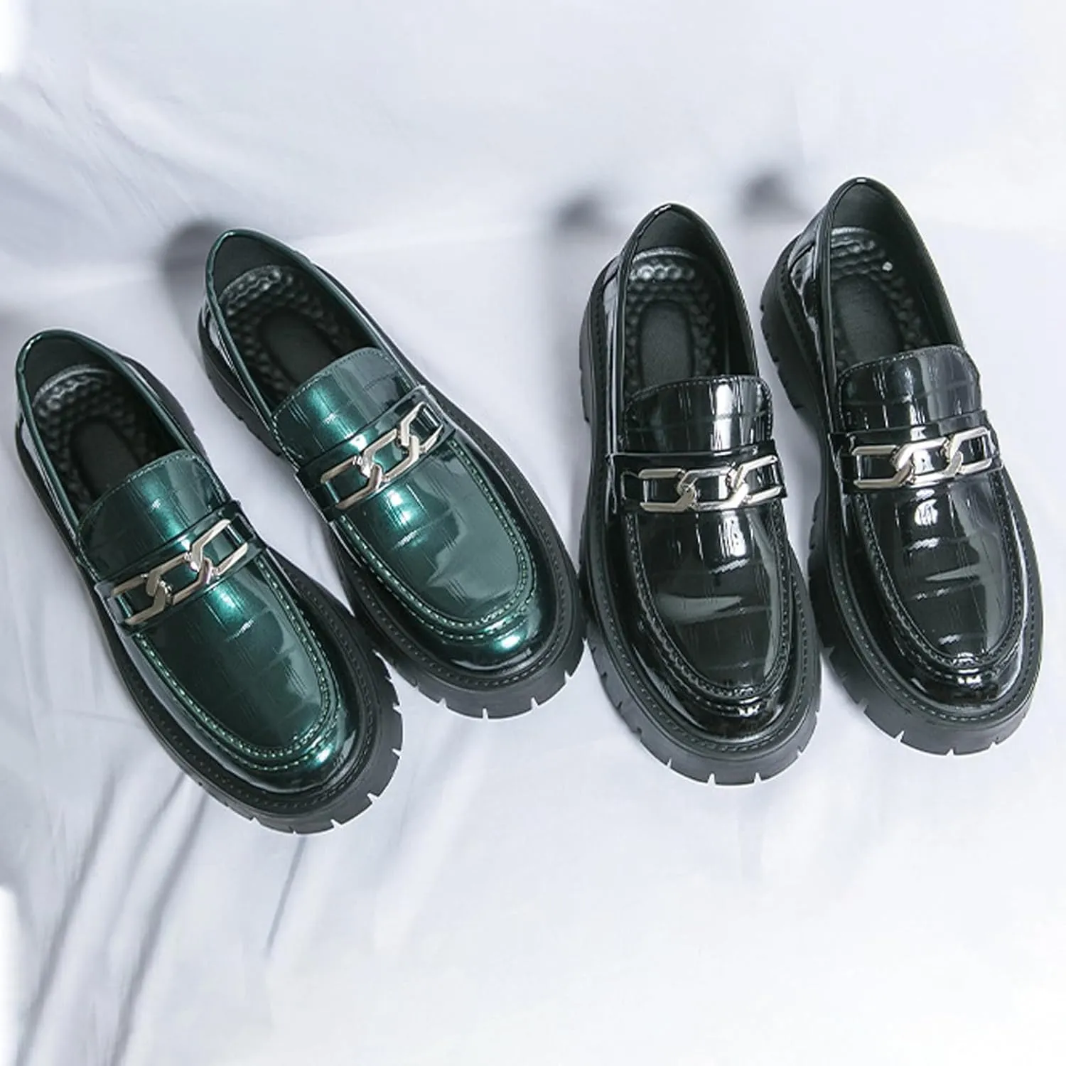 Men's Patent Leather Platform Slip-on Loafers,Fashion Round Toe Metal Decoration Non-Slip Thick Sole Business Dress Shoes Causal Party Wedding Prom Shoes