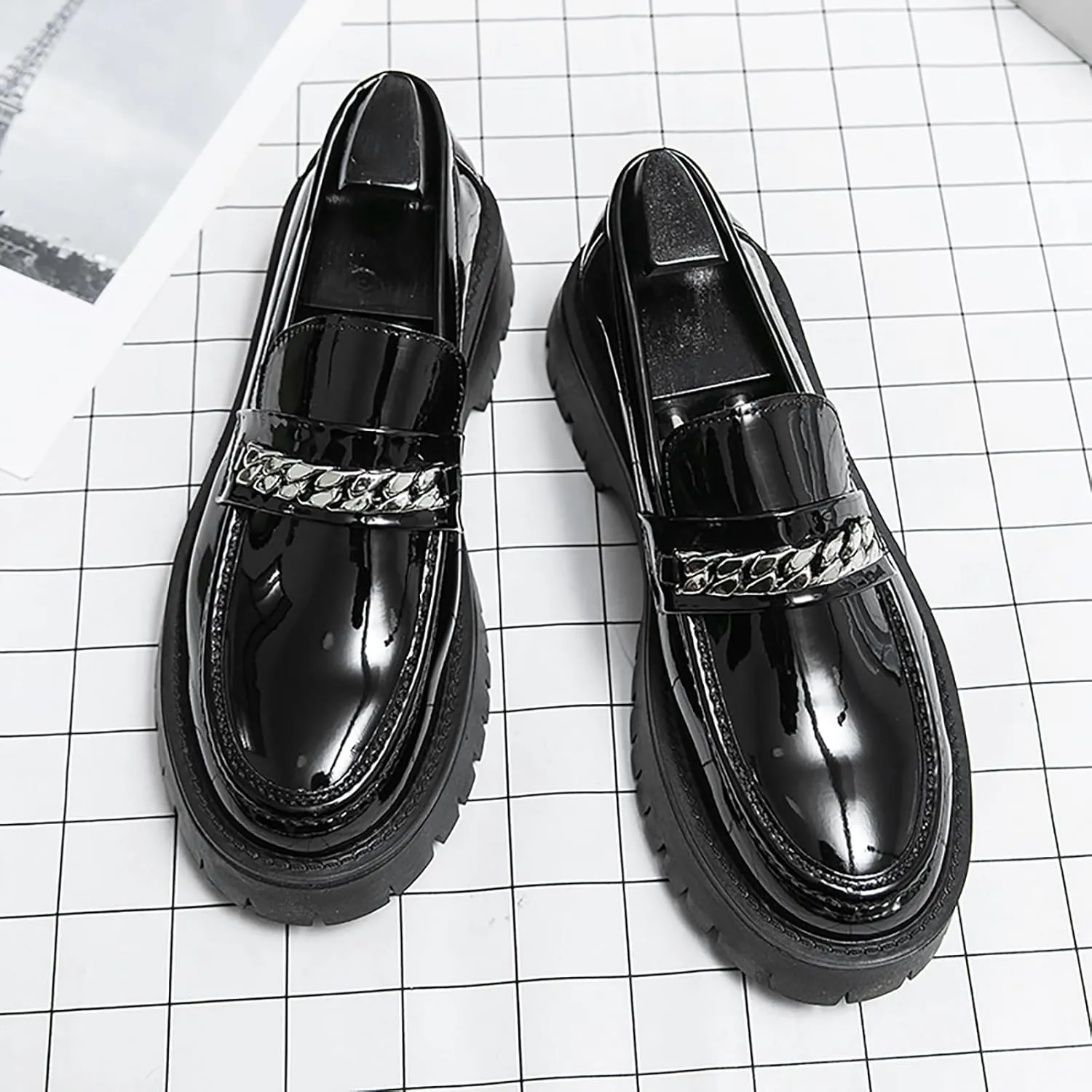 Men's Patent Leather Platform Slip-on Loafers,Fashion Round Toe Metal Decoration Non-Slip Thick Sole Business Dress Shoes Causal Party Wedding Prom Shoes