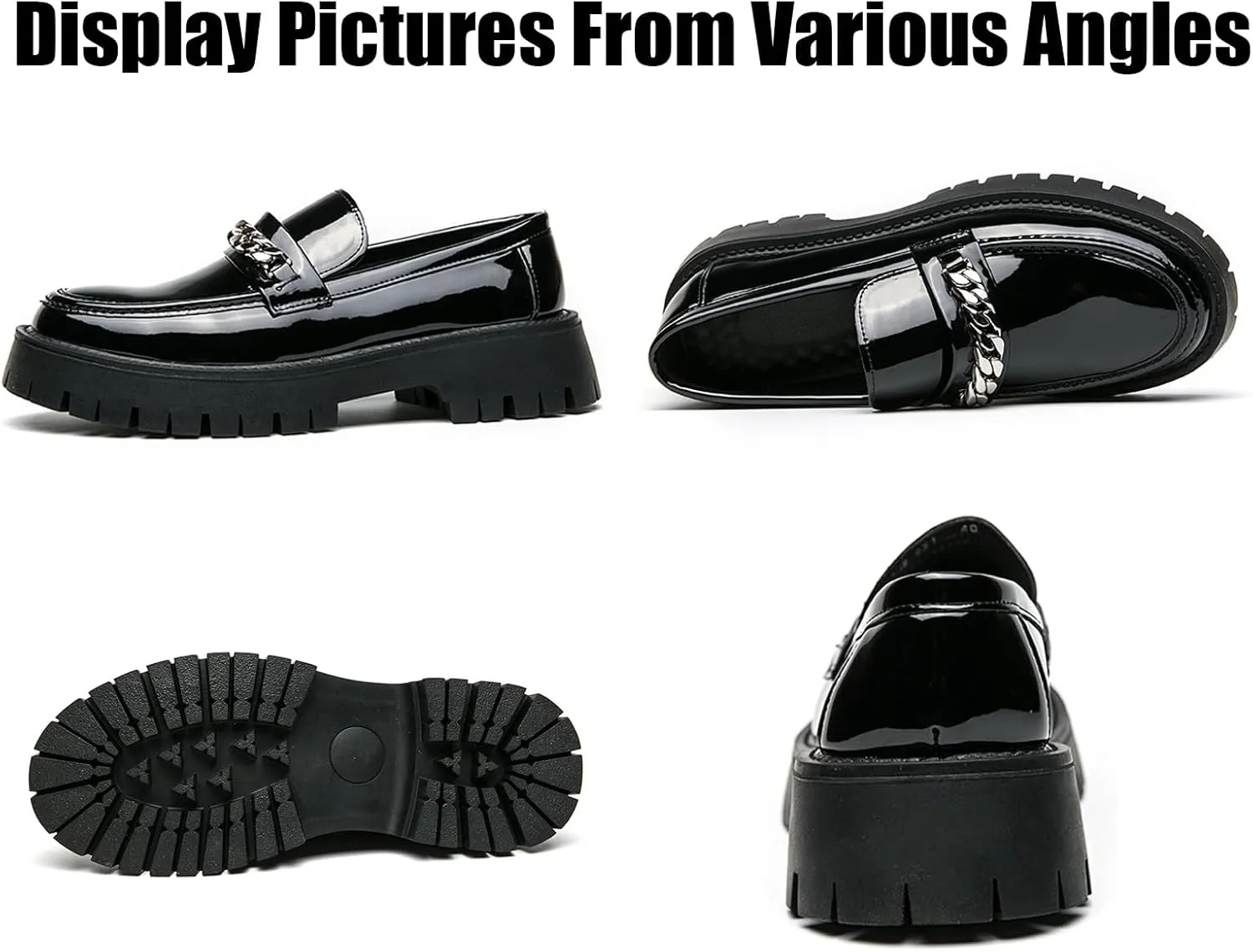 Men's Patent Leather Platform Slip-on Loafers,Fashion Round Toe Metal Decoration Non-Slip Thick Sole Business Dress Shoes Causal Party Wedding Prom Shoes