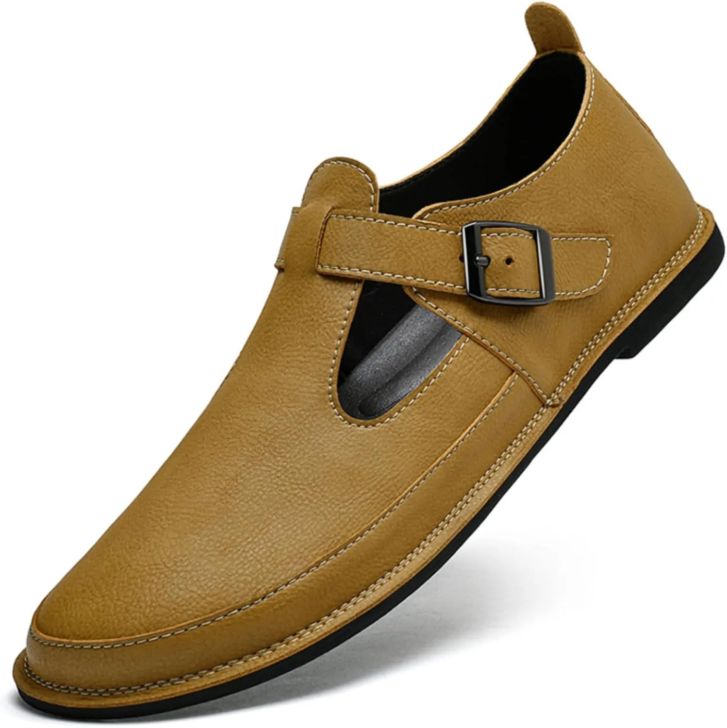 Mens Shoes Dress Slip - on Loafers， Men's Simple Premium Genuine Leather Buckle Shoes for Driving