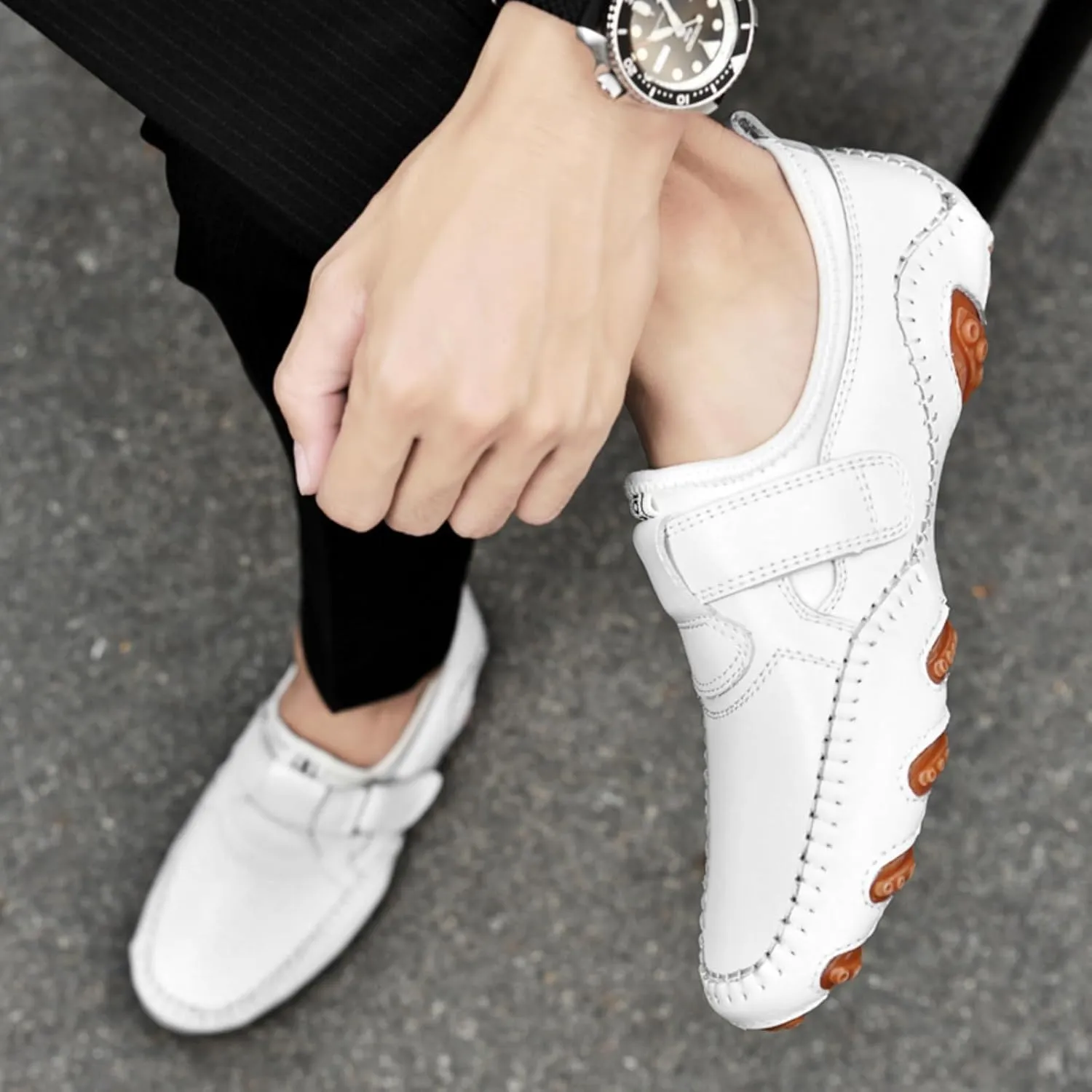 Men's Slip-On Leather Loafers with Adjustable Stickers Lightweight&Soft Round Toe Penny Loafers Low-Top Flats Moccasin Boat Shoes for Driving Walking