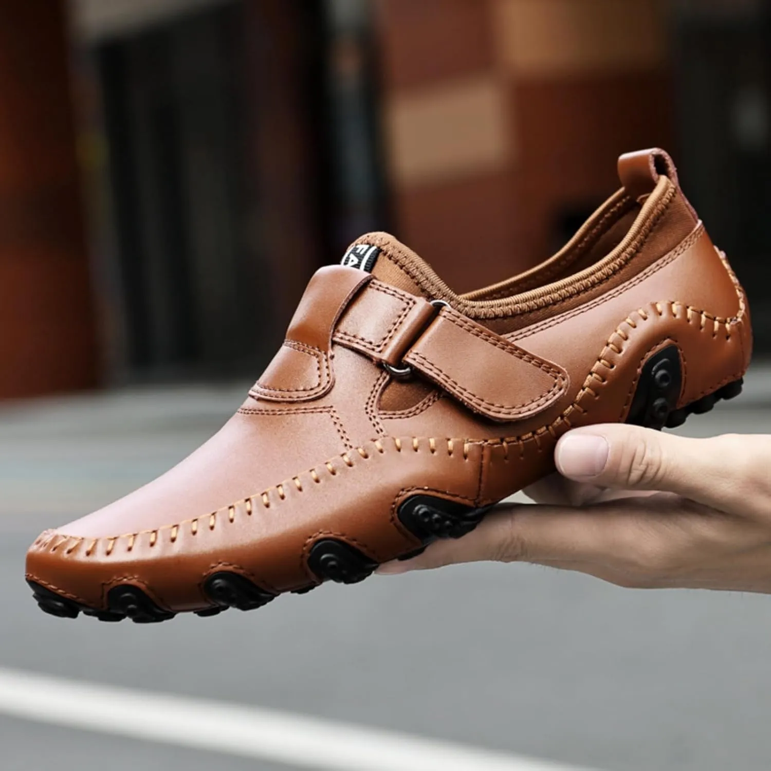 Men's Slip-On Leather Loafers with Adjustable Stickers Lightweight&Soft Round Toe Penny Loafers Low-Top Flats Moccasin Boat Shoes for Driving Walking