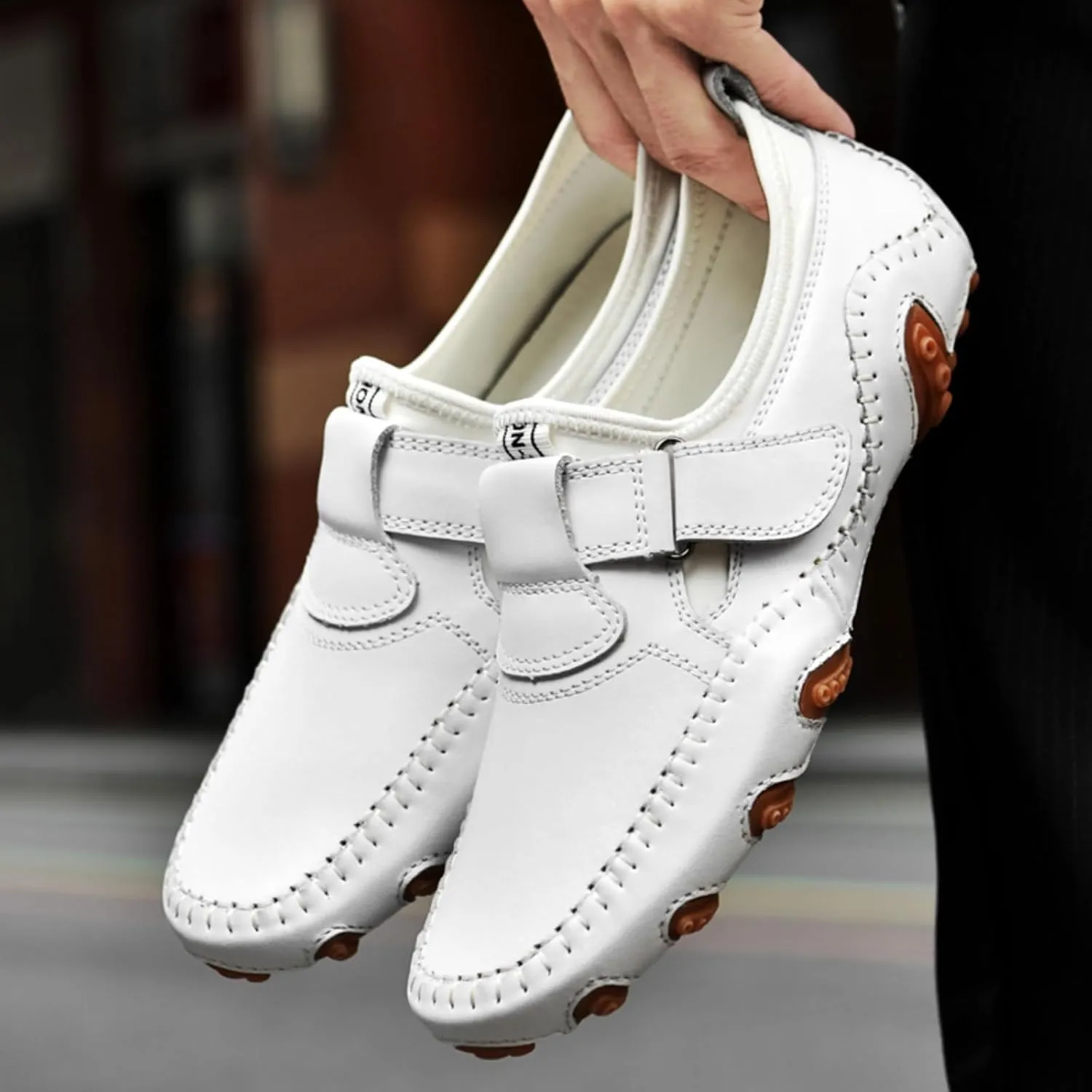 Men's Slip-On Leather Loafers with Adjustable Stickers Lightweight&Soft Round Toe Penny Loafers Low-Top Flats Moccasin Boat Shoes for Driving Walking