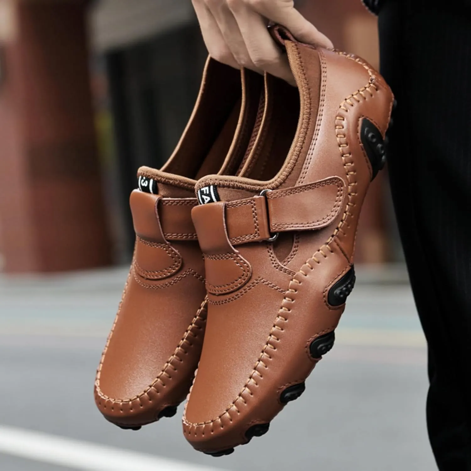Men's Slip-On Leather Loafers with Adjustable Stickers Lightweight&Soft Round Toe Penny Loafers Low-Top Flats Moccasin Boat Shoes for Driving Walking