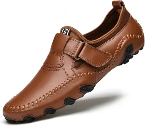 Men's Slip-On Leather Loafers with Adjustable Stickers Lightweight&Soft Round Toe Penny Loafers Low-Top Flats Moccasin Boat Shoes for Driving Walking