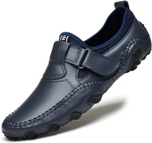Men's Slip-On Leather Loafers with Adjustable Stickers Lightweight&Soft Round Toe Penny Loafers Low-Top Flats Moccasin Boat Shoes for Driving Walking