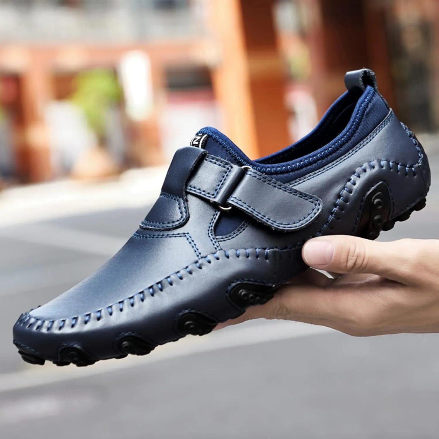 Men's Slip-On Leather Loafers with Adjustable Stickers Lightweight&Soft Round Toe Penny Loafers Low-Top Flats Moccasin Boat Shoes for Driving Walking