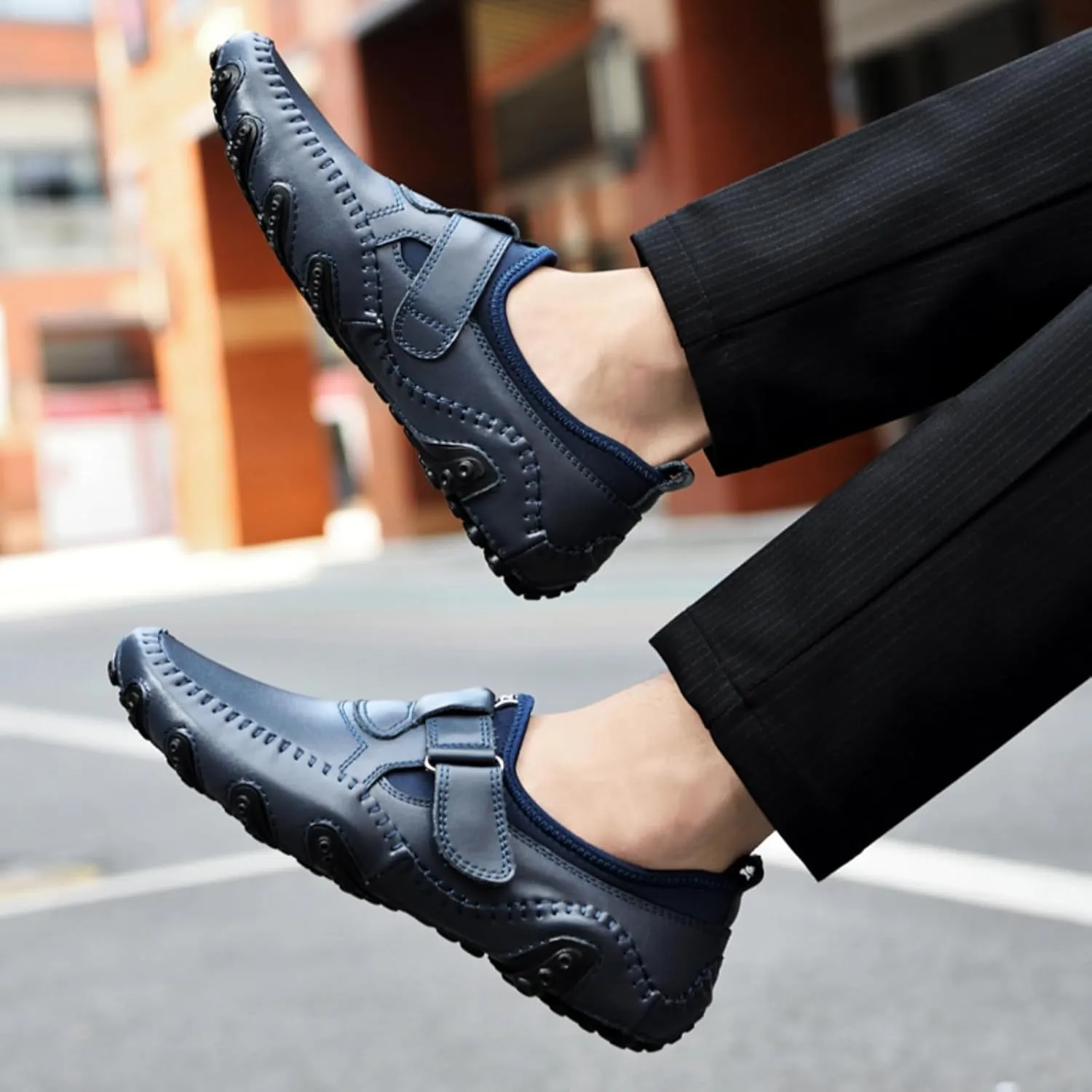 Men's Slip-On Leather Loafers with Adjustable Stickers Lightweight&Soft Round Toe Penny Loafers Low-Top Flats Moccasin Boat Shoes for Driving Walking