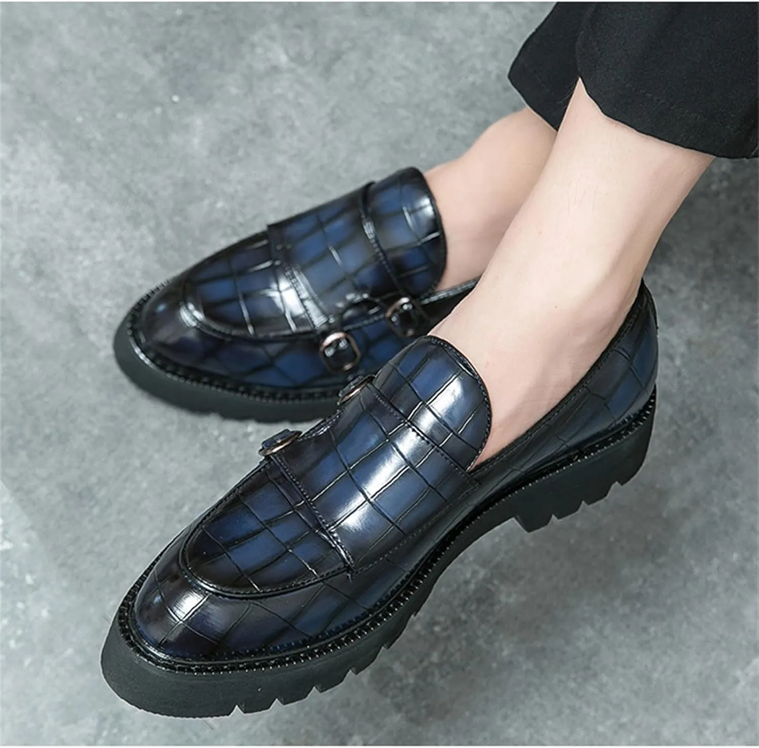 Men's Slip-On Patent Leather Platform Loafers with Double Buckle,Classic Non-Slip Penny Loafers Dress Driving Moccasins Casual Fashion Boat Shoes