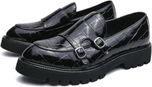 Men's Slip-On Patent Leather Platform Loafers with Double Buckle,Classic Non-Slip Penny Loafers Dress Driving Moccasins Casual Fashion Boat Shoes
